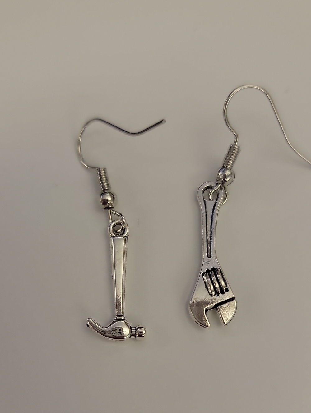 Silver Tool Charm Hammer & Wrench Dangle Earrings